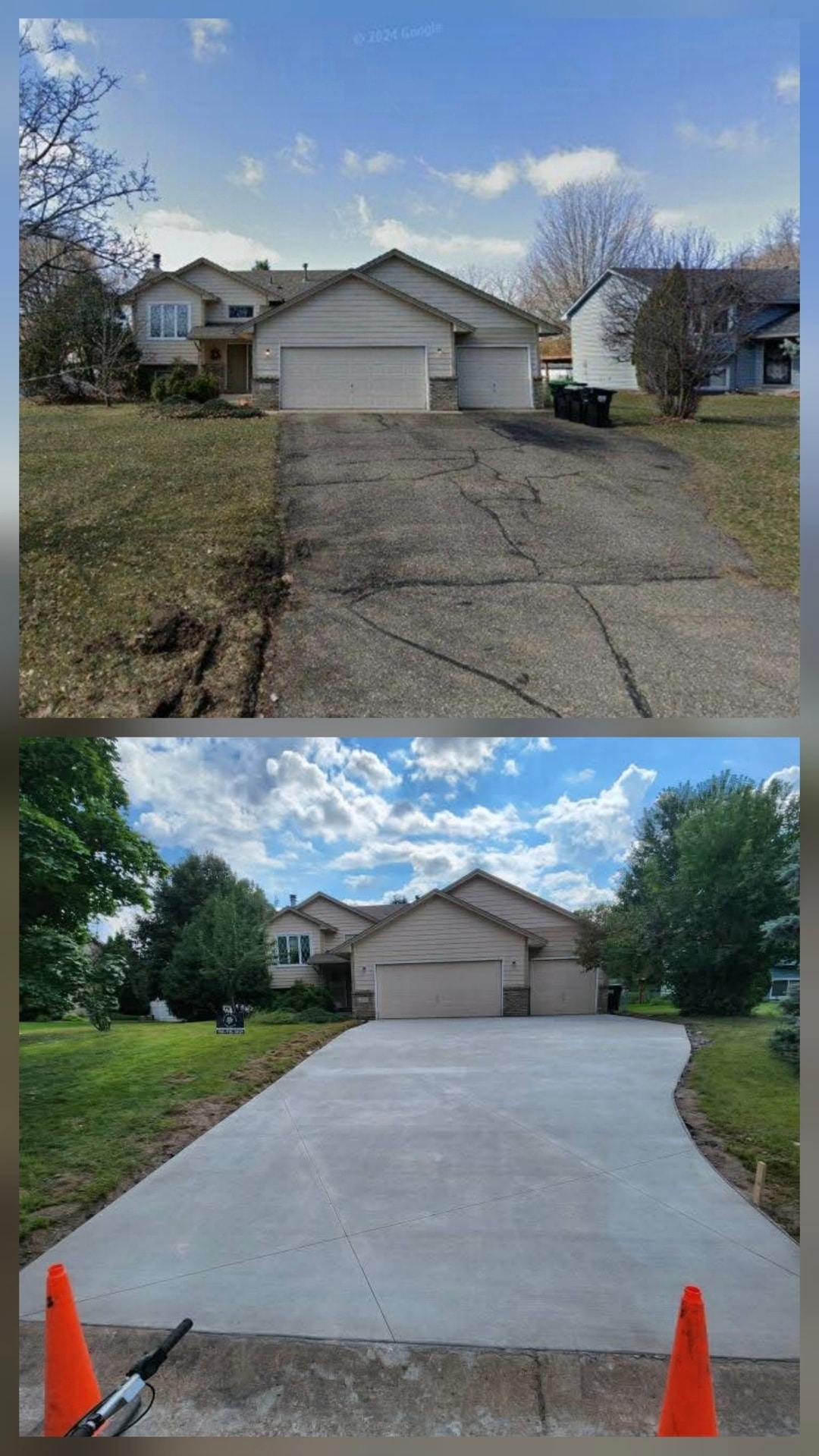 New wide concrete driveway after installation